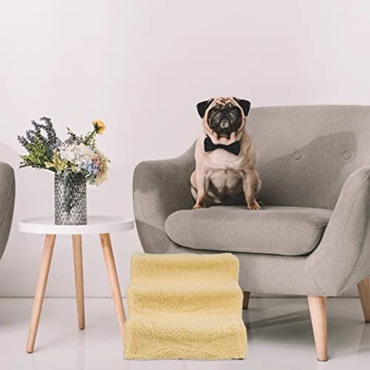 Relaxdays Hundetreppe 3 Stufen, kleine & große Hunde, Bett & Couch, Stoffbezug, Tiertreppe innen, HBT 30x35x45 cm, beige – Bild 5