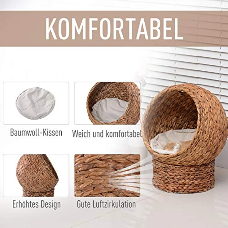 Pawhut Rattan Katzenkorb Katzenhöhle Katzenhütte Katzenbett mit Kissen Haustierbett Wasserhyazinthe Hellbraun 42 x 33 x 52 cm – Bild 5