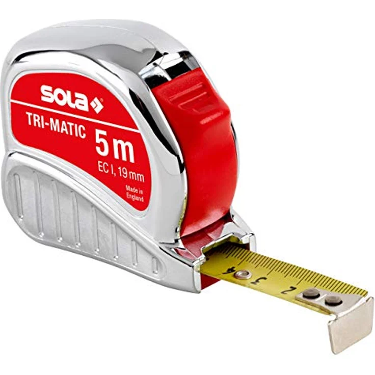 SOLA Bandmaß - TRI-MATIC - 5m - 19mm - Profi-Taschenbandmaß mit Gürtelclip - Stahlband, gelb lackiert mit mm Skala - Genauigkeitsklasse I - Rollmeter mit beweglichem Endhaken - Länge 5m-19mm – Bild 2