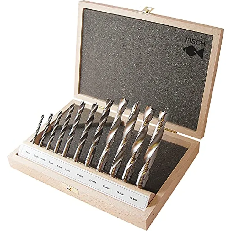 Fisch HSS Holzspiralbohrer 11-tlg. Set, Profi Ausführung mit Zentrierspitze und Vorschneidern in Holzkassette, Ø 4-16 mm