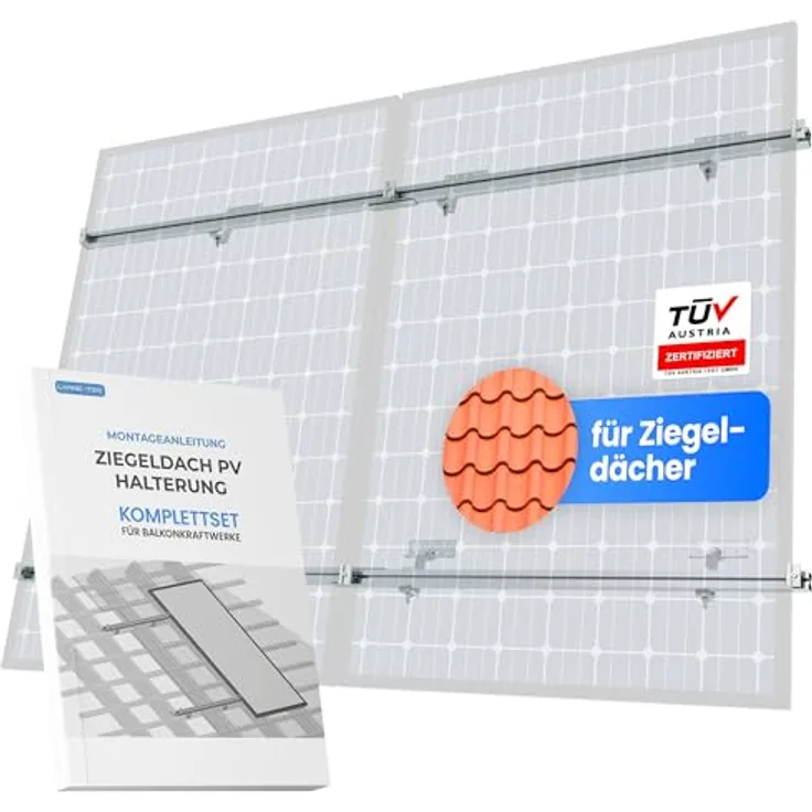 LIVING-TEC Halterung Balkonkraftwerk für Ziegeldach Komplettset 30 & 35mm Module - TÜV geprüft, mit Dachhaken, Schienen & Klemmen
