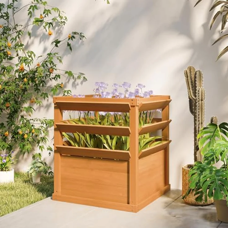 Outsunny Hochbeet mit Rankgitter, Tannenholz, offene Boden, 65 x 65 x 60 cm, Karamellbraun, für Garten und Balkon, ideal für Kletterpflanzen und Blumen – Bild 9