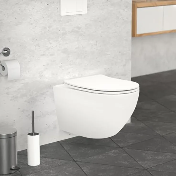 ECD Germany Spülrandloses Hänge WC Keramik Weiß matt mit Nano Beschichtung, Wand-WC lang 52 cm, Softclose Duroplast WC-Sitz, Lotus Effekt