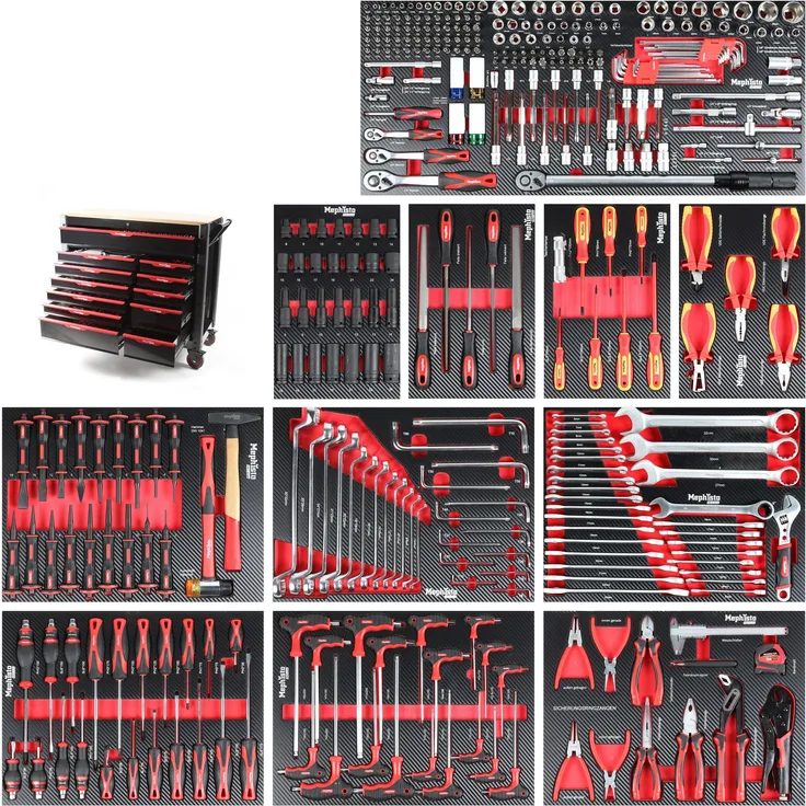 Mephisto-Tools Werkstattwagen, Pro-Line 12 abschließbare Schubladen, CRV Werkzeug, schwarz/rot
