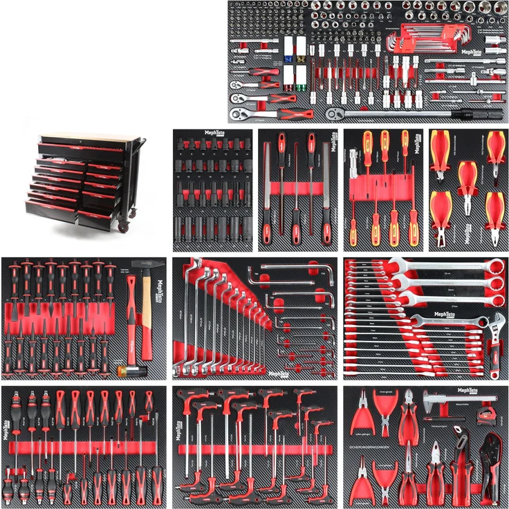Mephisto-Tools Werkstattwagen, Pro-Line 12 abschließbare Schubladen, CRV Werkzeug, schwarz/rot – Bild 1
