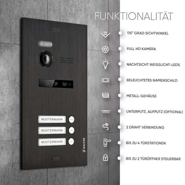 Balter EVO HD Video-Türsprechanlage, Komplettset für Dreifamilienhaus mit 3x 7-Zoll Monitoren, Full HD Kamera, Interkom und Nachtsicht, Schwarz – Bild 2