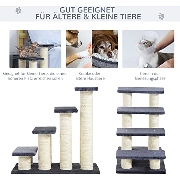 PawHut Tiertreppe Katzentreppe Hundetreppe 4 Stufen Treppe für Katze und Hunde Plüsch Grau 60 x 42 x 61 cm – Bild 5