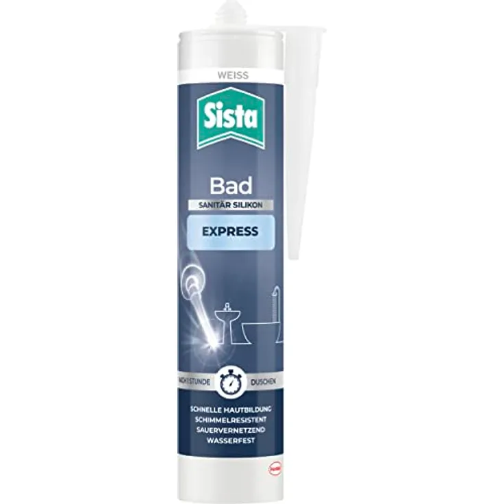 Sista Bad Express Sanitär Silikon weiß, Sanitär Silikon für das Bad, wasserfestes Silikon für viele Materialien*, schimmelresistente Dichtmasse, 1x280ml Kartusche