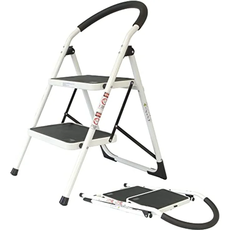 Stahl Klapptritt zusammenklappbar | 2 extra breite Stufen mit Anti-Rutsch-Matten | 84 cm Höhe | Trittleiter mit Klappsicherung | mit rutschfesten Füßen | belastbar bis 150 kg | Haushaltsleiter