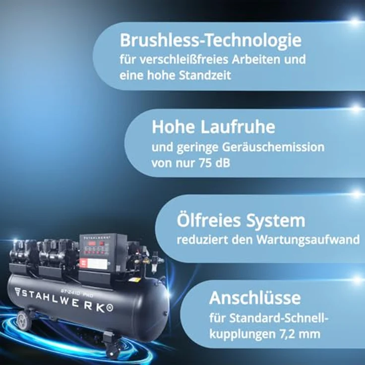 STAHLWERK Kompressor ST-2410 Pro, 10 bar, 240 L, 9,86 PS, 1250 l/min, ölfrei, leise mit 75 dB – Bild 4