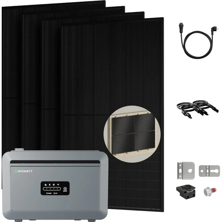 Growatt Balkonkraftwerk 2000W Komplettset mit NEXA 2000 Speicher, 4×500W Full Black Glas-Glas Solarmodule, inkl. Fischer Fassadenhalterung für Wandmontage