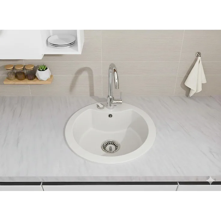 Faizee Home Granitspüle Vela Weiß, 49 cm Außendurchmesser, kratzfest und hitzebeständig bis 280°C, reversible Montage
