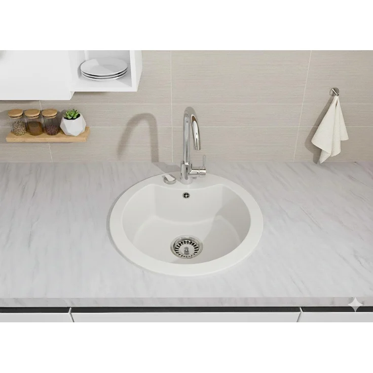 Faizee Home Granitspüle Vela Weiß, 49 cm Außendurchmesser, kratzfest und hitzebeständig bis 280°C, reversible Montage