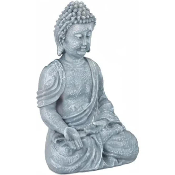 Relaxdays Buddha Figur sitzend, 30 cm, Gartenfigur, Dekofigur Wohnzimmer, Keramik, wetterfest, frostsicher, hellgrau – Bild 11