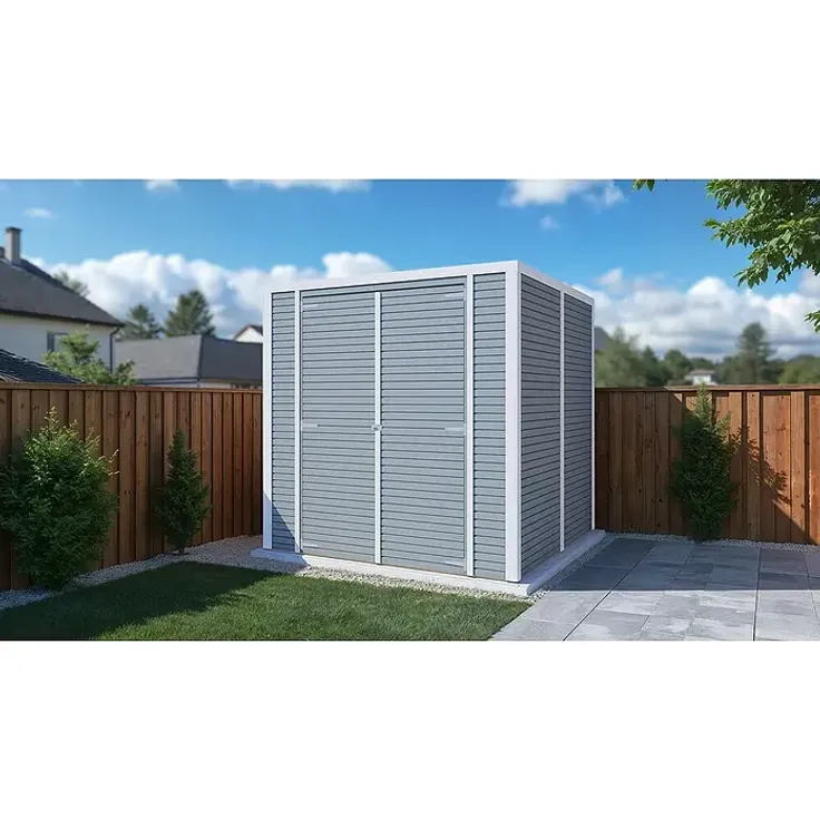 Bertilo Gerätehaus Box 3, Gartenhaus aus FSC®-zertifizierter Nordischer Fichte, 212 x 212 cm, grau, mit Flachdach und hohen Doppeltüren