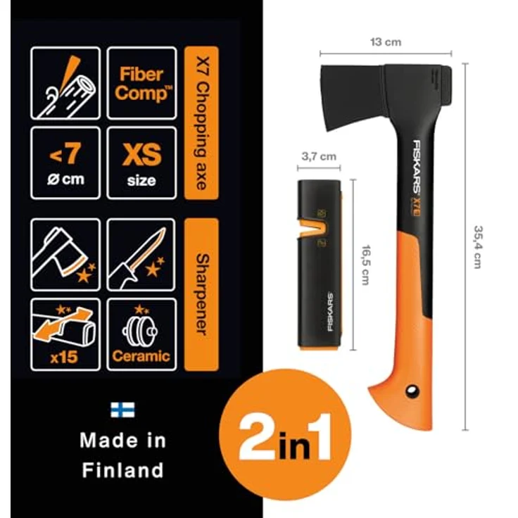 Fiskars Set Universalaxt X7-XS, Mit Axt- und Messerschärfer, Länge: 35,5 cm, Schwarz-Orange, 1020183 (Limitierte Auflage) – Bild 2