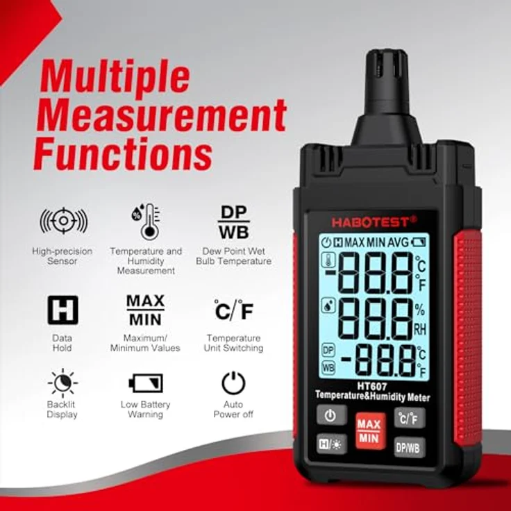 Habotest HT607, Multimeter für Temperatur- und Feuchtigkeitsmessung mit LCD-Display und Hintergrundbeleuchtung – Bild 2