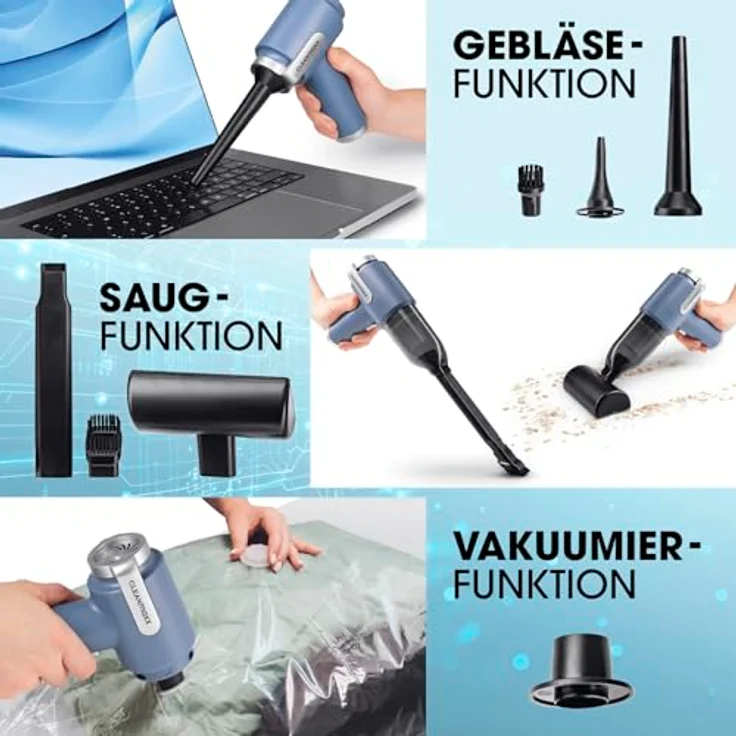 CLEANmaxx 2in1-Akkusauger mit Saug- & Gebläsefunktion, kabellos, EPA-Filter, 5 kPa Saugleistung, 400 g leicht, inkl. 8-teiligem Zubehörset – Bild 3