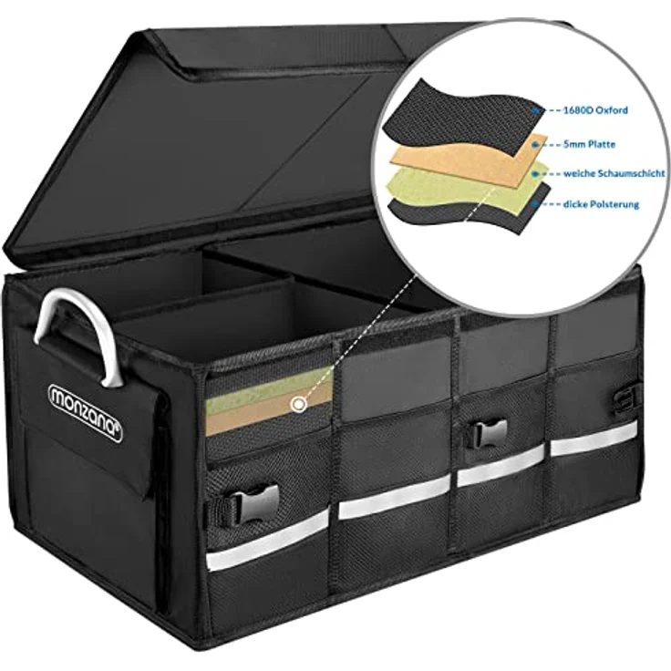 MONZANA® Kofferraum Organizer Deckel 63L Isolierfolie Trennwände Wasserdicht Faltbar MDF Wände rutschfest Kofferraumtasche Kofferraumbox Auto Schwarz – Bild 5