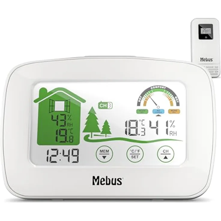 Mebus Wetterstation 40902, funkgesteuert mit Außensensor, Thermometer/Hygrometer, Wohlfühlindikator, Min-/Max-Funktion, Displaybeleuchtung, Farbe: Schwarz