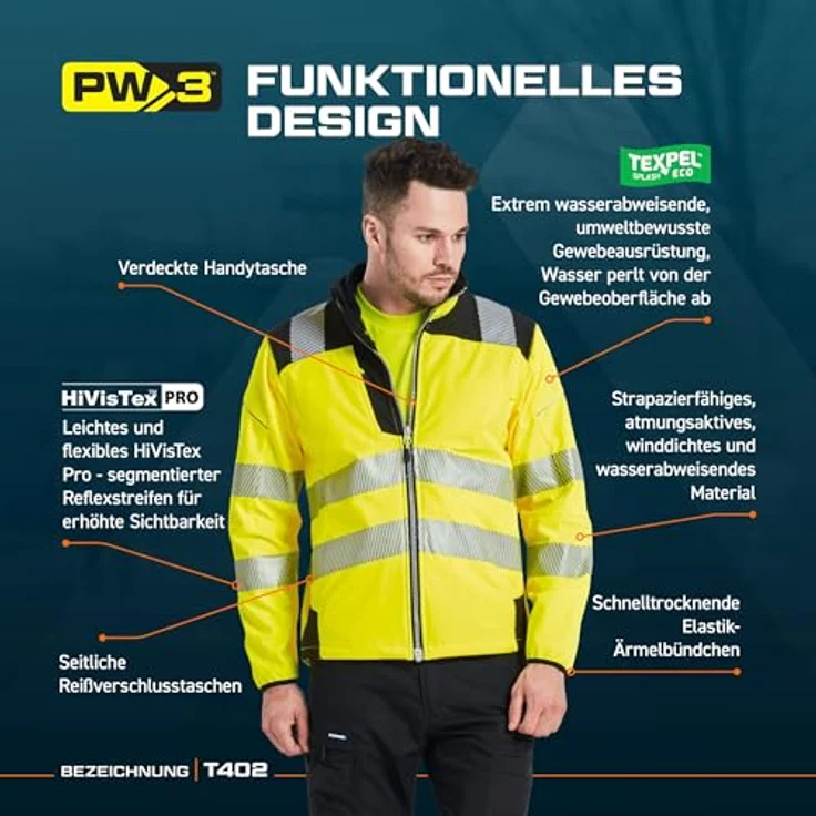 Portwest PW3 Warnschutz-Softshelljacke, 4XL, Orange/Schwarz, atmungsaktiv, wasserabweisend, mit HiVisTex Pro Reflektionsband – Bild 3