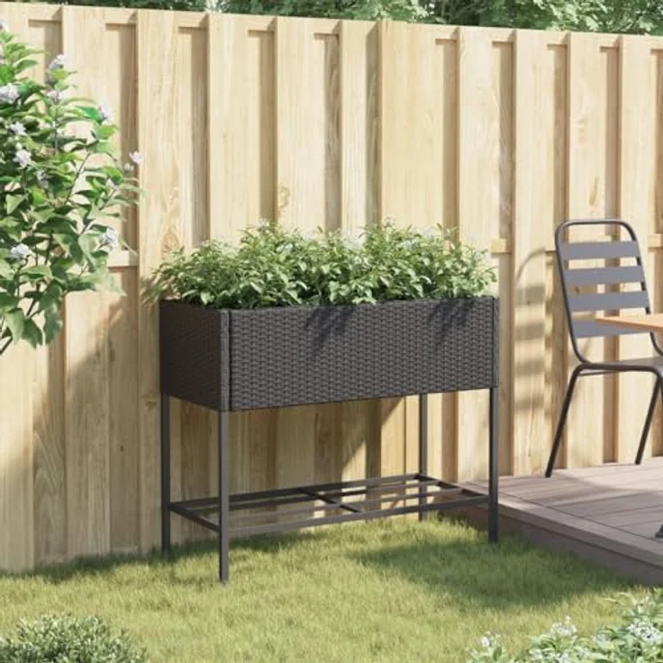 vidaXL Pflanzkübel mit Ablage Schwarz Poly Rattan, langlebiges PE-Rattan und stabiles Stahlgestell – Bild 3