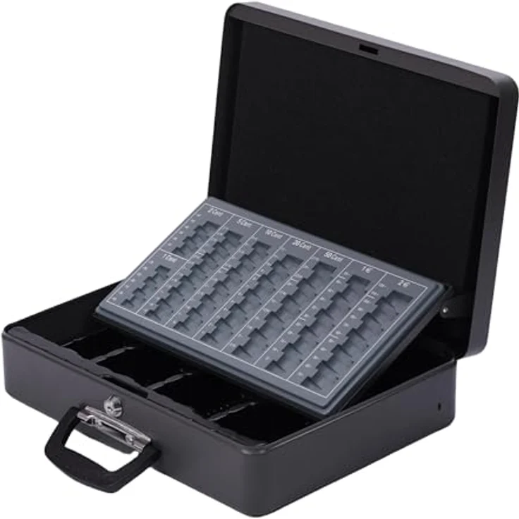 Relaxdays Geldkassette abschließbar, Handkasse aus Eisen mit Münzgeldeinsatz und Scheinfach, grau, HxBxT: 10x37x28 cm – Bild 1