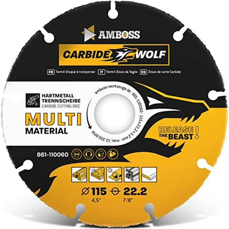 Amboss Carbide Wolf Ø 115mm, Multi Hartmetall Trennscheibe für Winkelschleifer - für Holz (mit Nägeln), Kunststoff, Gips - selbstschärfend, sicher und langlebig – Bild 1