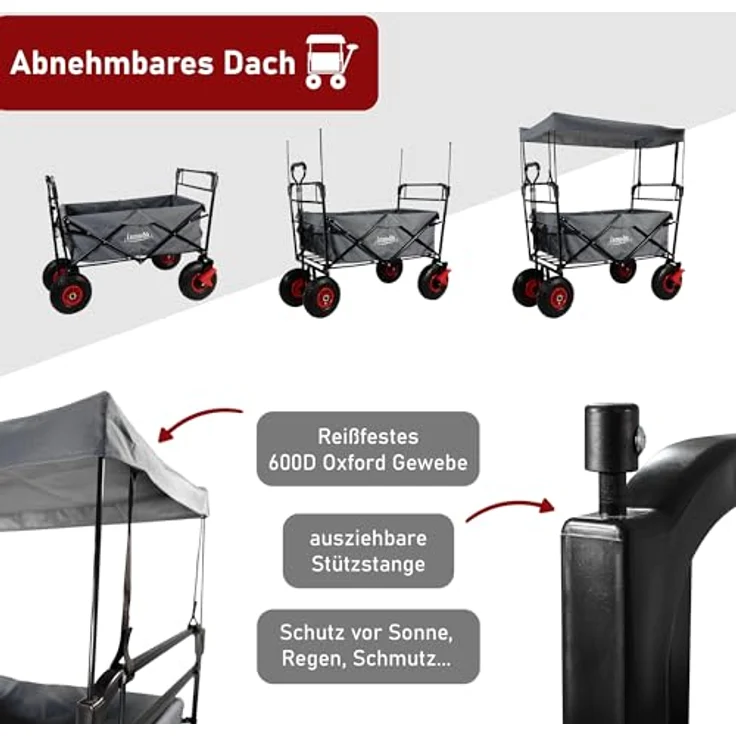 Lemodo Bollerwagen mit Luftreifen, faltbar, 120 kg Tragkraft, Dach, abnehmbarer grauer Bezug, ideal für Camping & Strand – Bild 3