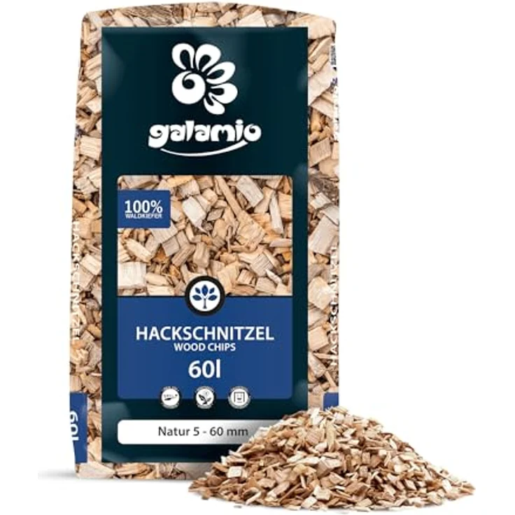 GALAMIO Holzhackschnitzel Mulch aus Kiefer (Pinus Sylvestris), grob 5-60mm, 39 Säcke à 60l, 2.340l, für Garten und Hochbeet, natürliche Bodenabdeckung – Bild 4