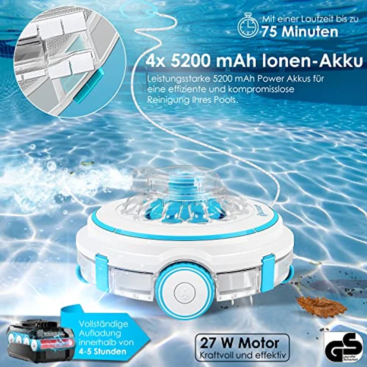 KESSER® Poolroboter Poolreiniger Akku Aqua-9000 inkl. Transporttasche Pool Roboter für bis 80m² Pools, Li-Ion Akku max. 75 min, Kabellos Poolsauger Bodenreinigung Vollautomatisch Bodensauger Türkis – Bild 4