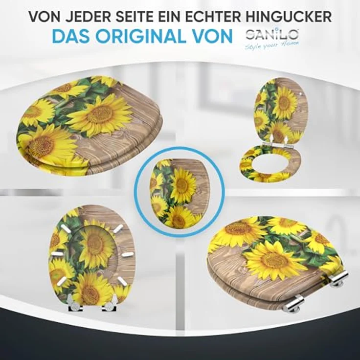 Sanilo WC Sitz Sunflower, Holz-Toilettendeckel mit Absenkautomatik und antibakterieller Oberfläche, 47 x 37,7 cm – Bild 6