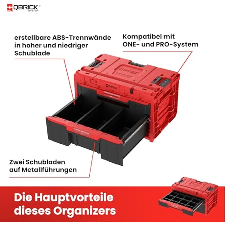 QBRICK System ONE Drawer 2 Plus Toolbox 2.0, modularer Werkzeugkoffer in Rot, 29L Gesamtvolumen, mit zwei Schubladen und Trennwänden – Bild 4