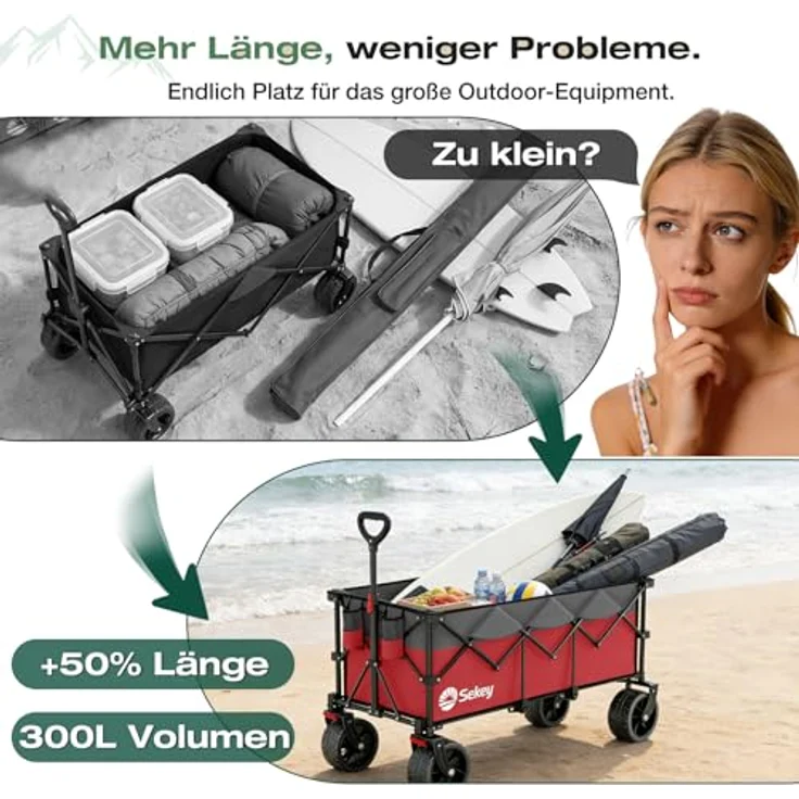 Sekey XXXL Bollerwagen Faltbar, 300L Fassungsvermögen, 200KG belastbar, 17x10 cm All-Terrain-Räder, patentierter 4-Wege-Sofortaufbau, Rot mit Grau – Bild 3
