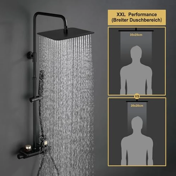 Görbach Regendusche Duschsystem mit Thermostat, XXL Kopfbrause 35x25 cm aus Edelstahl, Schwarz, intelligente Temperaturkontrolle und höhenverstellbare Duschstange – Bild 2