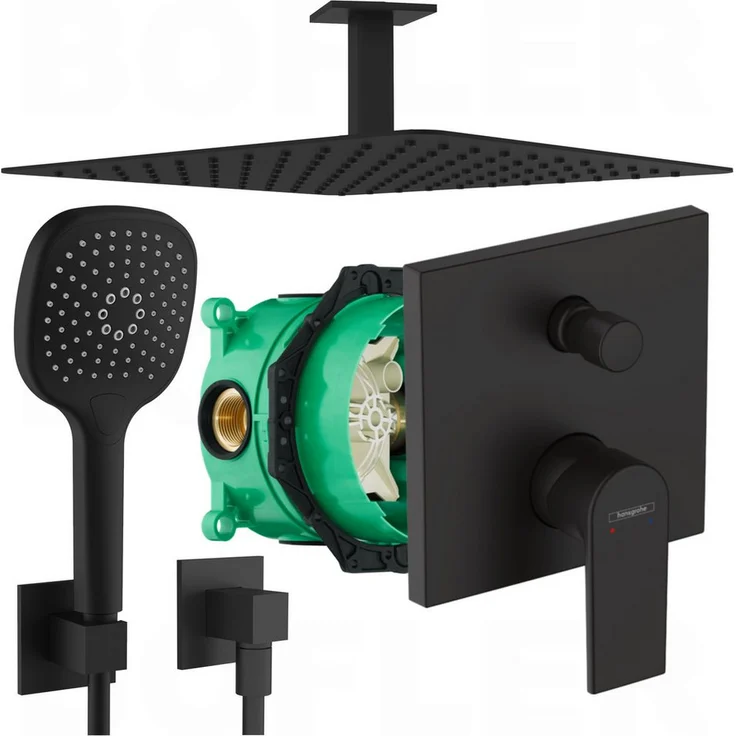 hansgrohe Duscharmatur Vernis Shape, Unterputz Duschsystem mit 30x30cm Regendusche, matt schwarz, inklusive BOFLER Brauseset und I-BOX