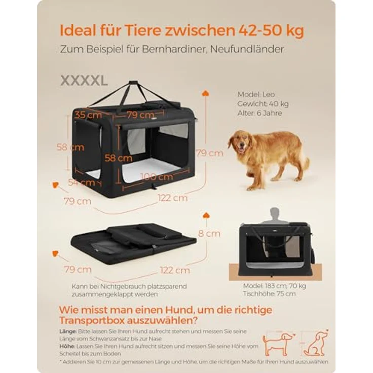 Feandrea Hundebox faltbar, Transportbox Hund, XXXXL, atmungsaktiv, schwarz – Bild 3