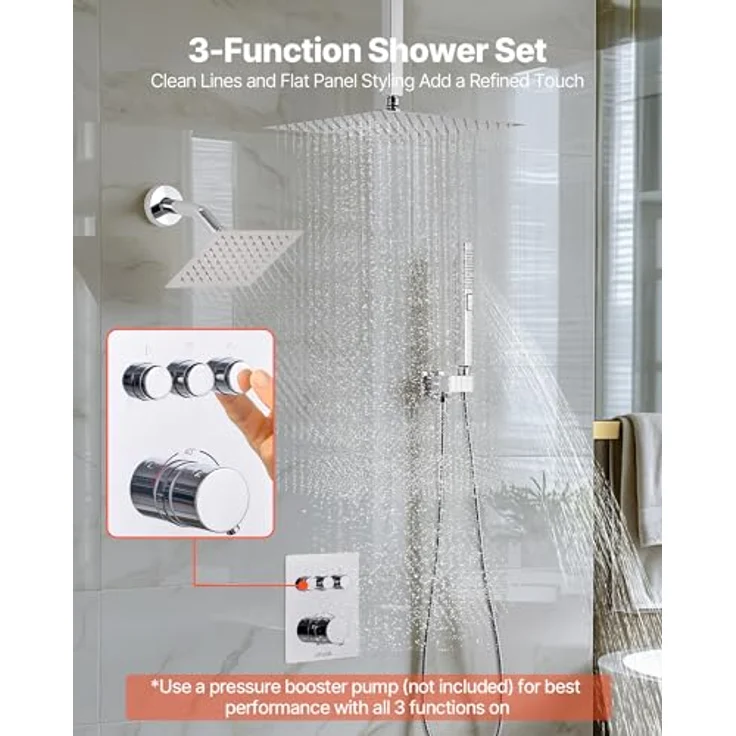 VEVOR Duschsystem-Set, 12 Zoll Regenduschsystem mit 6 Zoll Wandmontagekopf, 2 in 1 Handbrause, drehbarer Doppelregenkopf (3 Funktionen), Messingventil, Chrom, thermostatisch – Bild 2