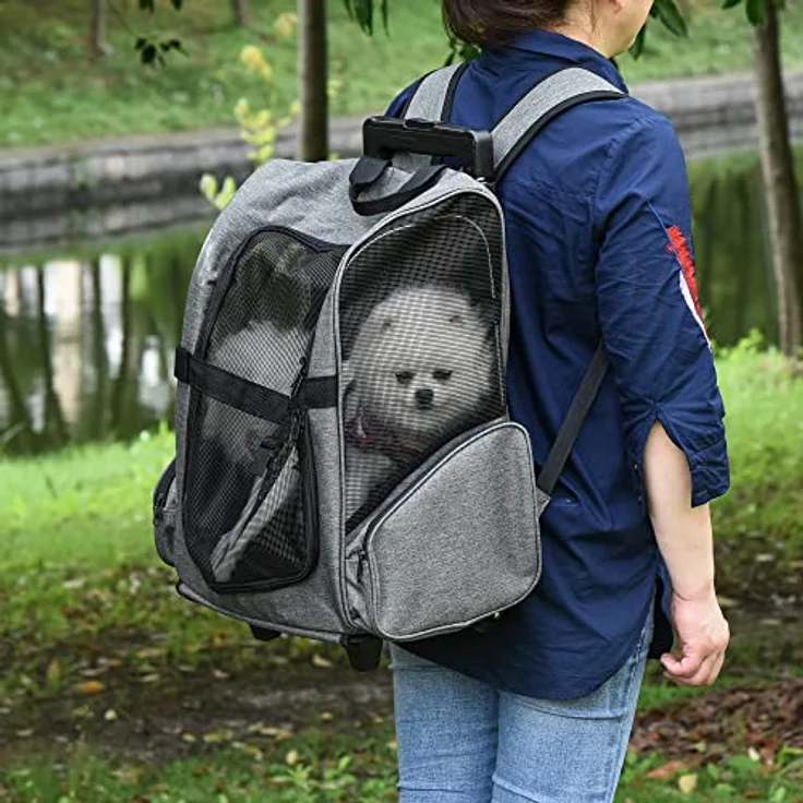 PawHut Hundetrolley Transporttasche Tragetasche für Tiere Trolley 2-in-1 Haustierrucksack Hundetasche mit Tür und Fenster atmungsaktiv Oxfordstoff Grau 42 x 25 x 55 cm – Bild 2