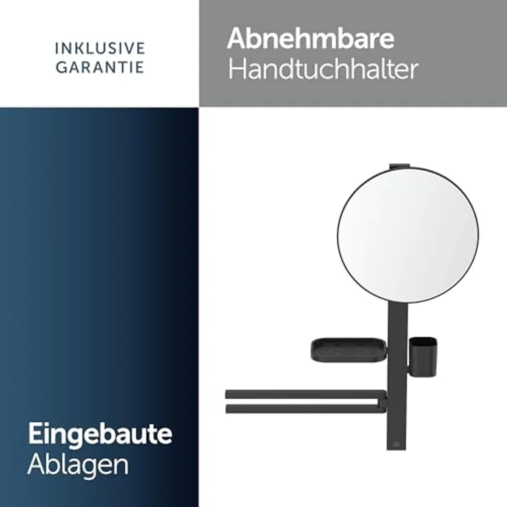 Ideal Standard Beauty Kosmetikspiegel-Set Bar M700, höhenverstellbare Wandhalterung, großer Spiegel Ø 328 mm, schwarz matt – Bild 3