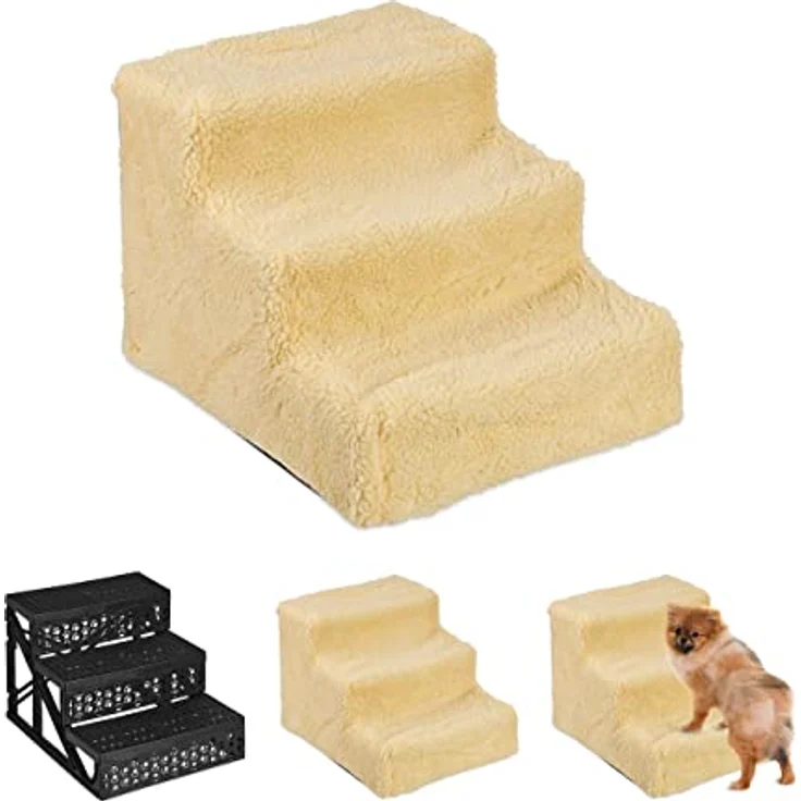 Relaxdays Hundetreppe 3 Stufen, kleine & große Hunde, Bett & Couch, Stoffbezug, Tiertreppe innen, HBT 30x35x45 cm, beige – Bild 1