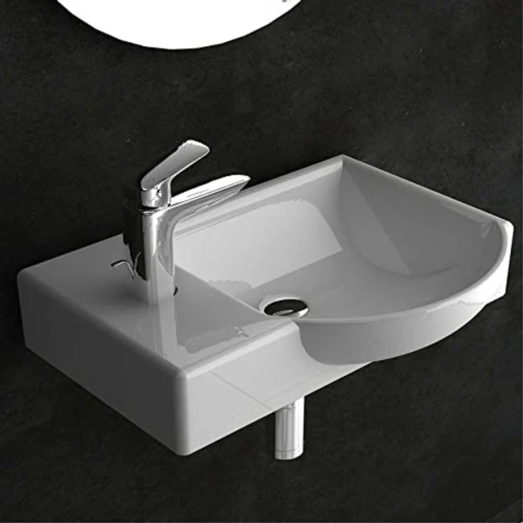 Alpenberger Design Waschplätze | Kleiner Waschtisch Rechteckig – Oval | Wandwaschbecken - Einbauwaschtisch | Gaestewaschbecken Standard Anschlüsse | Badkeramik mit Hahnloch & Überlauf | Spülbecken – Bild 2