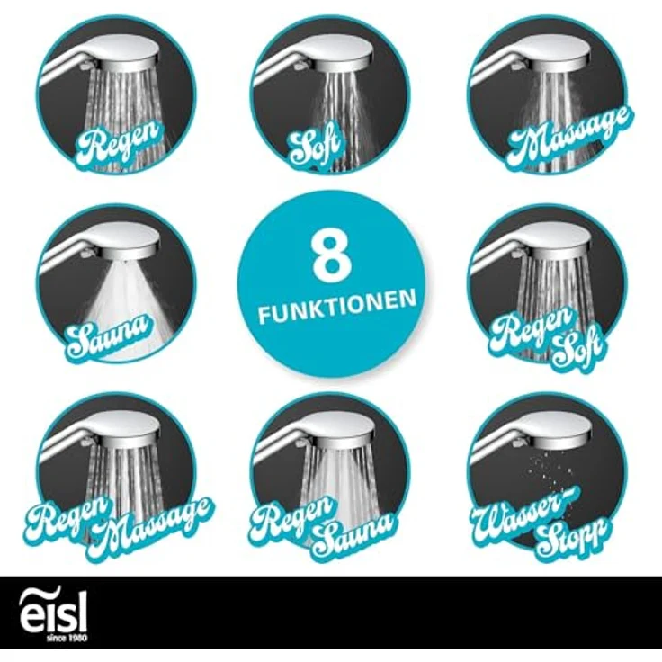 EISL DX5082CSB STORM Brausestangenset, Duschset mit Brausestange 70 cm, Duschbrause mit Schlauch und Halterung, Duschkopf mit 8 Funktionen, Duschstange mit Brause, Chrom – Bild 2