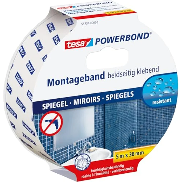 tesa Powerbond MIRROR - Doppelseitiges Montageband zur Fixierung von Spiegeln - Feuchtigkeitsbeständiges Klebeband für Bad und Dusche - 5 m x 38 mm – Bild 2