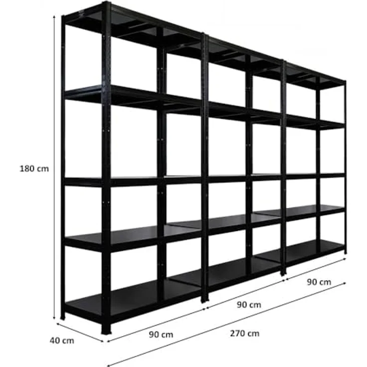 Proregal Metallregal Mega Deal Ragnar, Schwerlastregal mit 5 verstellbaren Böden, Traglast pro Boden 125 kg, Steckmontage, Schwarz, H x B x T: 180 x 90 x 40 cm – Bild 2