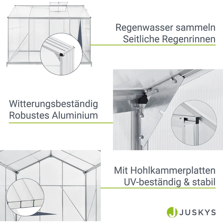Juskys Aluminium Gewächshaus mit Fundament für Garten 4,75 qm 190 × 253 cm 1 Dachfenster und Schiebetür 4 mm Platten Juskys grau/silber Stahl – Bild 5