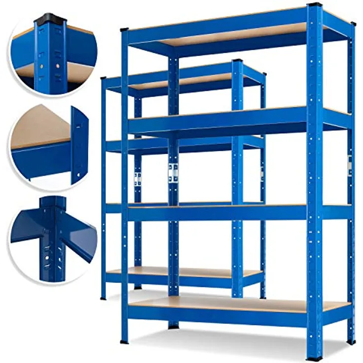 MASKO 2er-Set Lagerregal Schwerlastregal, Kellerregal , bis 875 kg belastbar, 5 verstellbare Ablagen, MDF-Platten Regal aus Metall, Steckregal, Werkstattregal, Keller, Garage 2x 160x80x40cm 4-Böden, 2x Blau 700kg