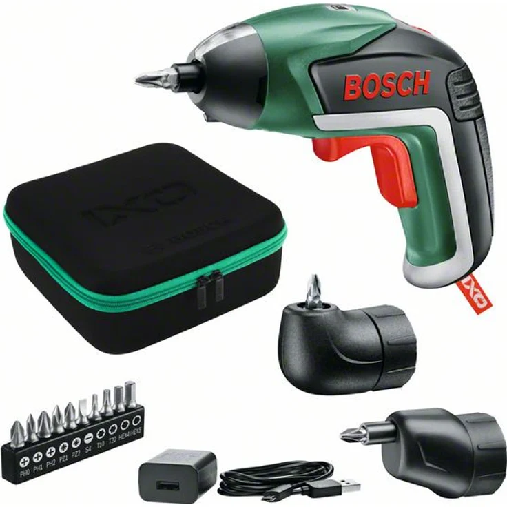 Bosch IXO 5 Akkuschrauber Set (Winkelaufsatz und Exzenteraufsatz, 10 Bits, USB-Ladegerät, Softcase, 3,6 Volt, 1,5 Ah) – Bild 1