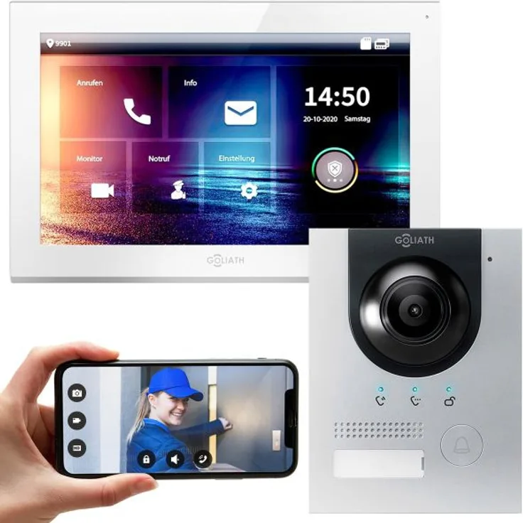 GOLIATH IP Video T??rsprechanlage Unterputz Set f??r 1 Familienhaus Silber 1x 10 Monitor Wei??
