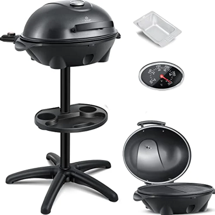 KESSER elektrischer Elektrogrill 2in1 Tischgrill - Standgrill mit Deckel Standfuß max. 2400 Watt Thermometer Antihaftbeschichtung XXL Grillplatte integrierte Ablagefläche Elektro-Säulengrill Schwarz – Bild 2